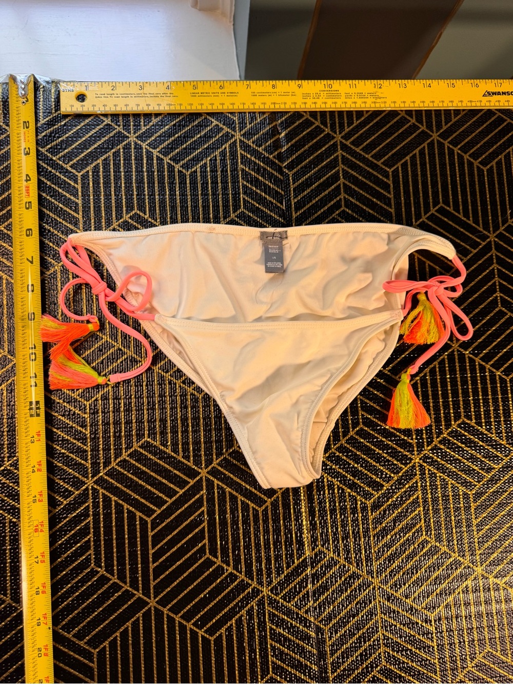 aerie White Bikini Bottom with Neon Pink Tie and Orange-Yellow Tassels